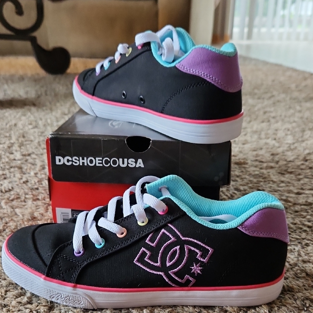 DC Black Sneakers with Purple and Teal Highlights